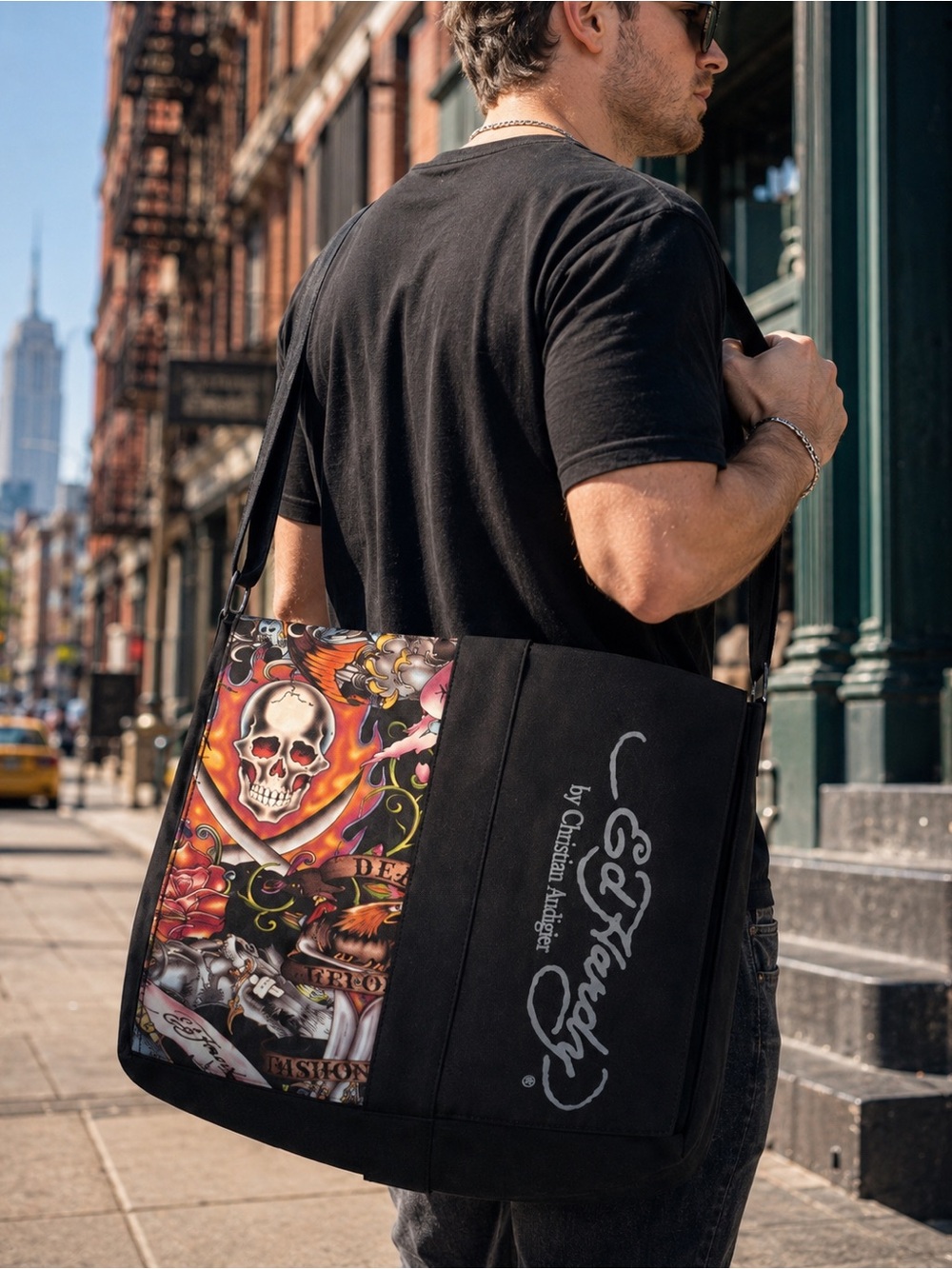Christian Audigier Black Messenger Bag with Colorful Tattoo Skull Panel